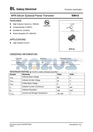 S9013 datasheet - NPN Silicon Epitaxial Planar Transistor