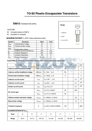 S9013 datasheet - TO-92 Plastic-Encapsulate Transistors