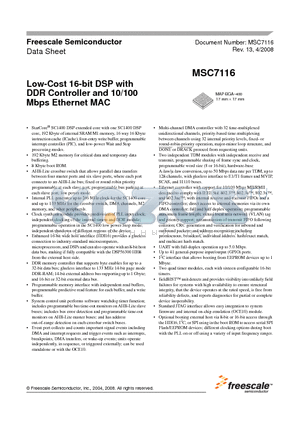 MSC7116VM1000 datasheet - Low-Cost 16-bit DSP with DDR Controller and 10/100 Mbps Ethernet MAC