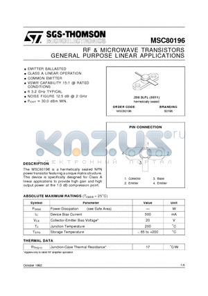 MSC80196 datasheet - RF & MICROWAVE TRANSISTORS GENERAL PURPOSE LINEAR APPLICATIONS