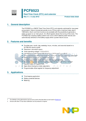 PCF8523T/1 datasheet - Real-Time Clock (RTC) and calendar