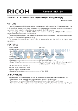 R1514H116B datasheet - 150mA VOLTAGE REGULATOR (Wide Input Voltage Range)