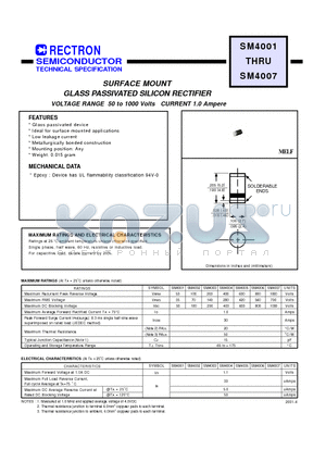 SM4003 datasheet - SURFACE MOUNT GLASS PASSIVATED SILICON RECTIFIER (VOLTAGE RANGE 50 to 1000 Volts CURRENT 1.0 Ampere)