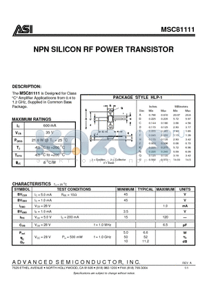MSC81111 datasheet - NPN SILICON RF POWER TRANSISTOR