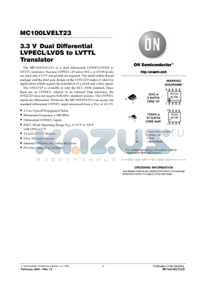 MC100LVELT23DR2 datasheet - 3.3 V Dual Differential LVPECL/LVDS to LVTTL Translator