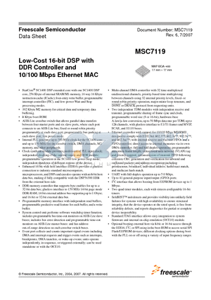 MSC7119VF1200 datasheet - Low-Cost 16-bit DSP with DDR Controller and 10/100 Mbps Ethernet MAC