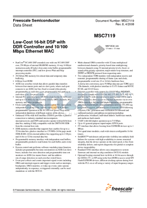 MSC7119VM1200 datasheet - Low-Cost 16-bit DSP with DDR Controller and 10/100 Mbps Ethernet MAC
