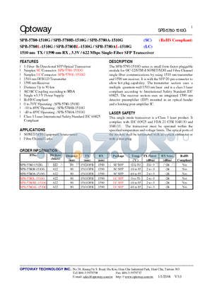 SPB-5780A-1510G datasheet - 1510 nm TX / 1590 nm RX , 3.3V / 622 Mbps Single-Fiber SFP Transceiver