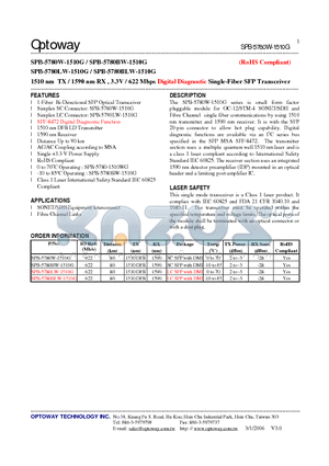 SPB-5780W-1510G datasheet - 1510 nm TX / 1590 nm RX , 3.3V / 622 Mbps Digital Diagnostic Single-Fiber SFP Transceiver