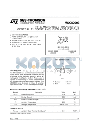 MSC82003 datasheet - RF & MICROWAVE TRANSISTORS GENERAL PURPOSE AMPLIFIER APPLICATIONS