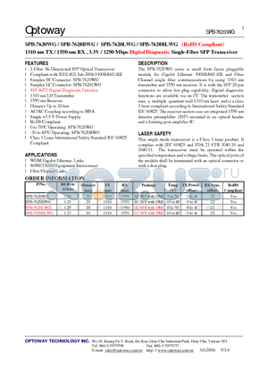 SPB-7620LWG datasheet - 1310 nm TX / 1550 nm RX , 3.3V / 1250 Mbps Digital Diagnostic Single-Fiber SFP Transceiver