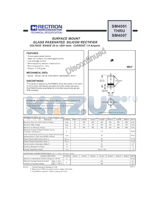 SM4007 datasheet - SURFACE MOUNT GLASS PASSIVATED SILICON RECTIFIER VOLTAGE RANGE 50 to 1000 Volts CURRENT 1.0 Ampere