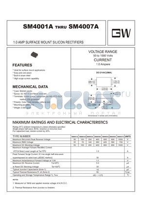 SM4007A datasheet - 1.0 AMP SURFACE MOUNT SILICON RECTIFIERS