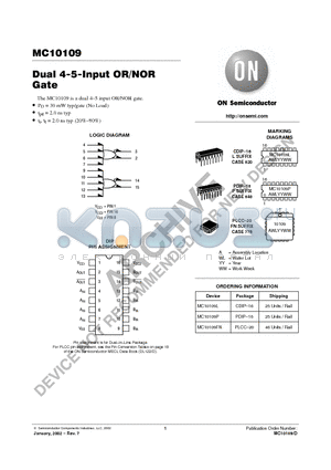 MC10109 datasheet - Dual 4-5-Input OR/NOR Gate