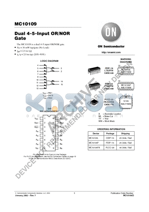 MC10109P datasheet - Dual 4-5-Input OR/NOR Gate