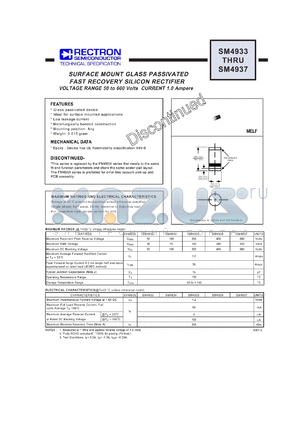 SM4933 datasheet - SURFACE MOUNT GLASS PASSIVATED FAST RECOVERY SILICON RECTIFIER VOLTAGE RANGE 50 to 600 Volts CURRENT 1.0 Ampere