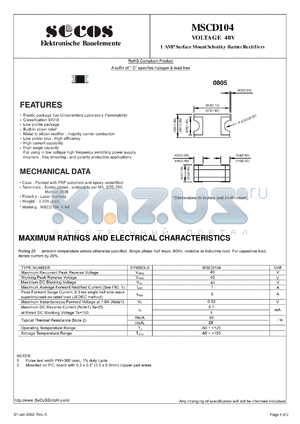 MSCD104 datasheet - 1 AMP Surface Mount Schottky B arrier Rectifiers