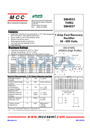 SM4934 datasheet - 1 Amp Fast Recovery Rectifier 50 - 600 Volts