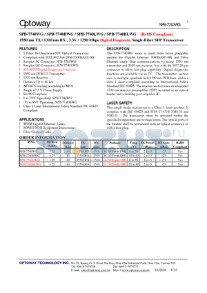 SPB-7740LWG datasheet - 1550 nm TX / 1310 nm RX , 3.3V / 1250 Mbps Digital Diagnostic Single-Fiber SFP Transceiver