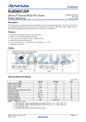 RJE0607JSP datasheet - Silicon P Channel MOS FET Series Power Switching