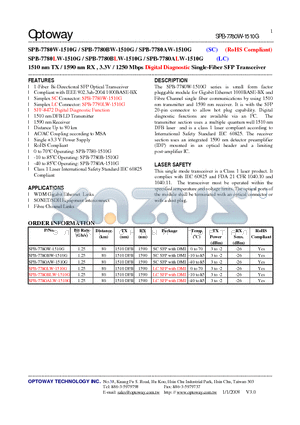 SPB-7780BLW-1510G datasheet - 1510 nm TX / 1590 nm RX , 3.3V / 1250 Mbps Digital Diagnostic Single-Fiber SFP Transceiver