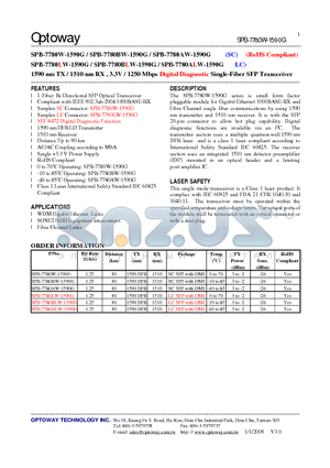 SPB-7780BLW-1590G datasheet - 1590 nm TX / 1510 nm RX , 3.3V / 1250 Mbps Digital Diagnostic Single-Fiber SFP Transceiver