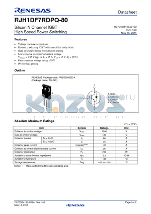 RJH1DF7RDPQ-80 datasheet - Silicon N Channel IGBT High Speed Power Switching