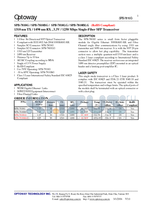 SPB-7810BG datasheet - 1310 nm TX / 1490 nm RX , 3.3V / 1250 Mbps Single-Fiber SFP Transceiver