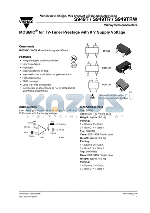 S949TR datasheet - MOSMIC^ for TV-Tuner Prestage with 9 V Supply Voltage