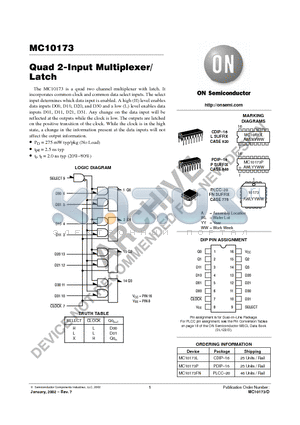 MC10173 datasheet - Quad 2-Input Multiplexer/ Latch