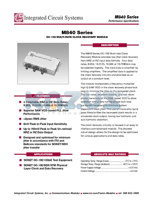 M840XC datasheet - OC-192 MULTI-RATE CLOCK RECOVERY MODULE