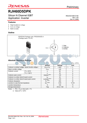 RJH60D5DPK datasheet - Silicon N Channel IGBT Application: Inverter