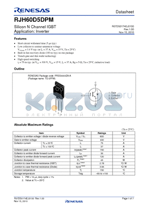 RJH60D5DPM datasheet - Silicon N Channel IGBT Application: Inverter