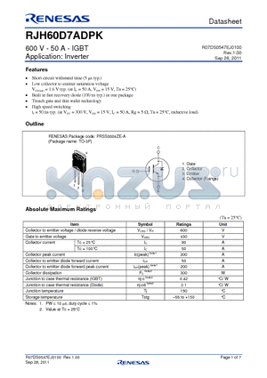RJH60D7ADPK datasheet - 600 V - 50 A - IGBT Application: Inverter