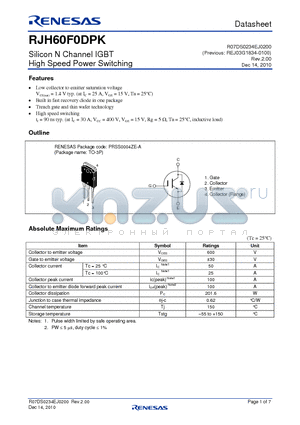 RJH60F0DPK datasheet - Silicon N Channel IGBT High Speed Power Switching