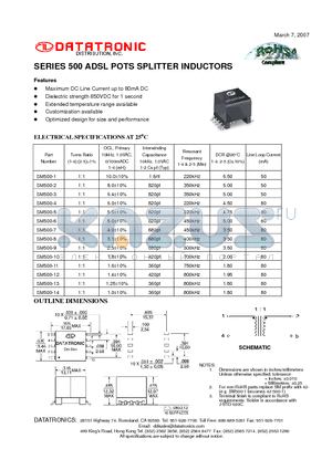 SM500-10 datasheet - ADSL POTS SPLITTER INDUCTORS