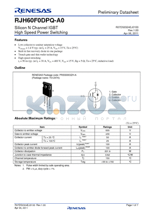 RJH60F0DPQ-A0 datasheet - Silicon N Channel IGBT High Speed Power Switching