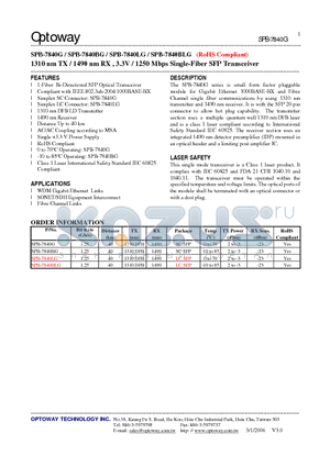 SPB-7840LG datasheet - 1310 nm TX / 1490 nm RX , 3.3V / 1250 Mbps Single-Fiber SFP Transceiver