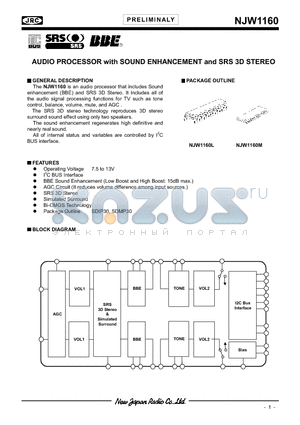 NJW1160L datasheet - AUDIO PROCESSOR with SOUND ENHANCEMENT and SRS 3D STEREO