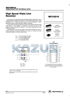 MC10216 datasheet - High Speed Triple Line Receiver