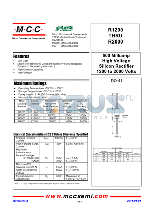 R1800 datasheet - 500 Milliamp High Voltage Silicon Rectifier 1200 to 2000 Volts