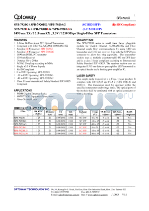 SPB-7920LG datasheet - 1490 nm TX / 1310 nm RX , 3.3V / 1250 Mbps Single-Fiber SFP Transceiver