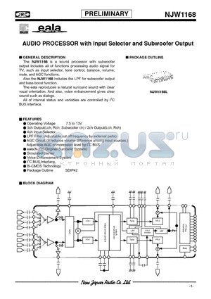 NJW1168 datasheet - AUDIO PROCESSOR with Input Selector and Subwoofer Output