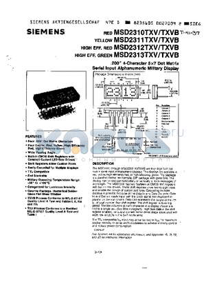 MSD2310TXV datasheet - 200 4-CHARACTER 5X7 DOT MATRIX SERIAL INPUT ALPHANUMERIC MILITARY DISPLAY