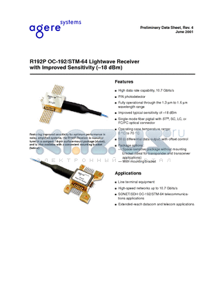 R192PDAN datasheet - R192P OC-192/STM-64 Lightwave Receiver with Improved Sensitivity (-18 dBm)