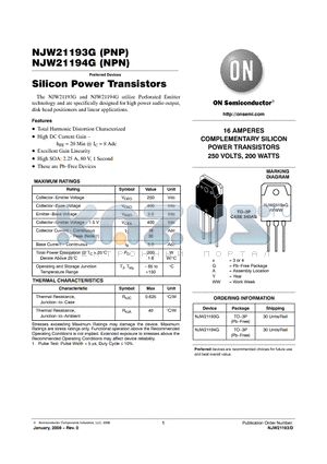 NJW21193G datasheet - Silicon Power Transistors