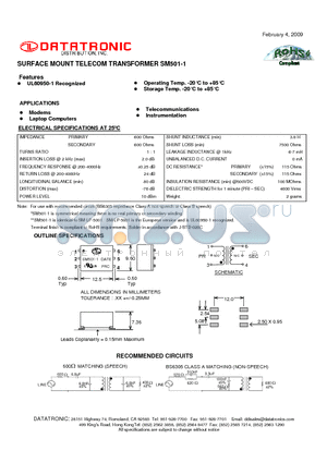 SM501-1 datasheet - SURFACE MOUNT TELECOM TRANSFORMER