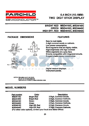 MSD4940C datasheet - 0.4 INCH (10.1MM) TWO DIGIT STICK DISPLAY