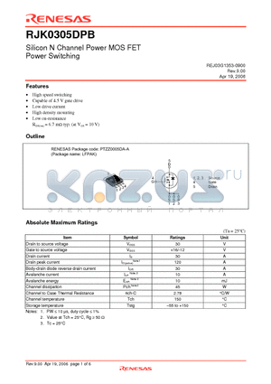 RJK0305DPB-00-J0 datasheet - Silicon N Channel Power MOS FET Power Switching