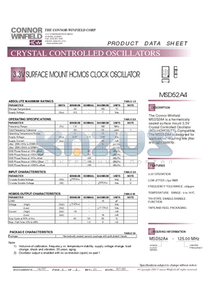 MSD52A4 datasheet - 3.3V SURFACE MOUNT HCMOS CLOCK OSCILLATOR